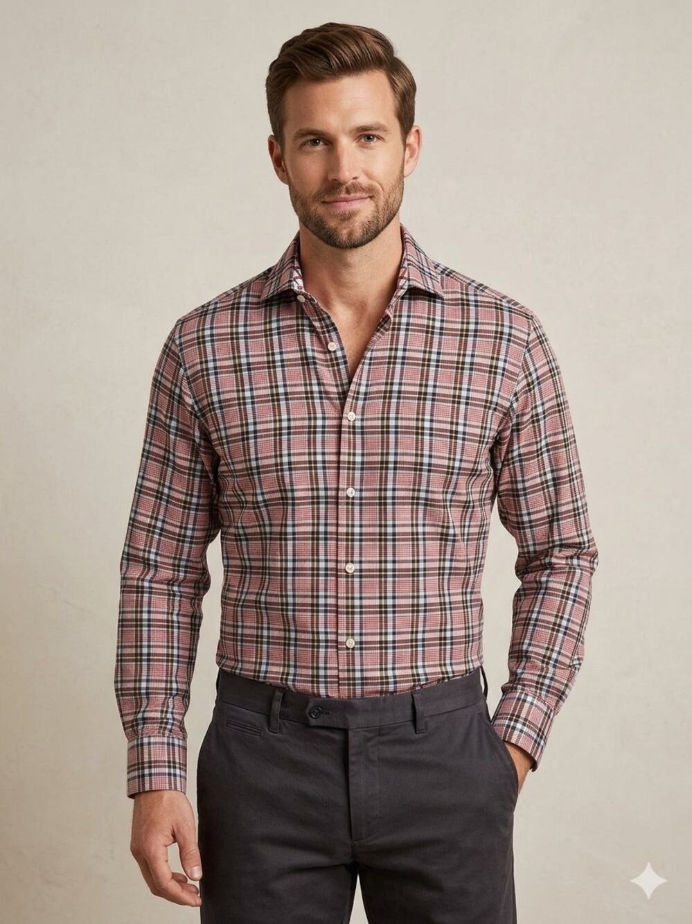 Thomas Dean Men's M Button Down Shirt Plaid Multi Red Blue Brown 100% Cotton